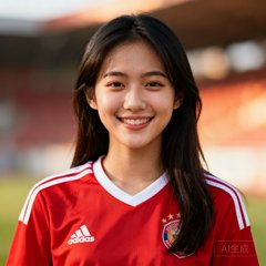 一位二十多岁年轻女球迷的头像照片，穿着红色球衣